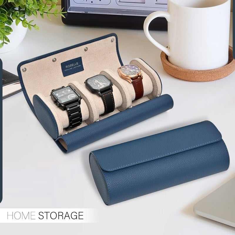 ROSELLE Genuine Leather Watch Roll Travel Case - Watch Roll Case For 3 Watches With Luxury Lining - Protect, Travel,Store, & Display Fine Watches (3 slot Blue-Genuine Leather) - Image 4